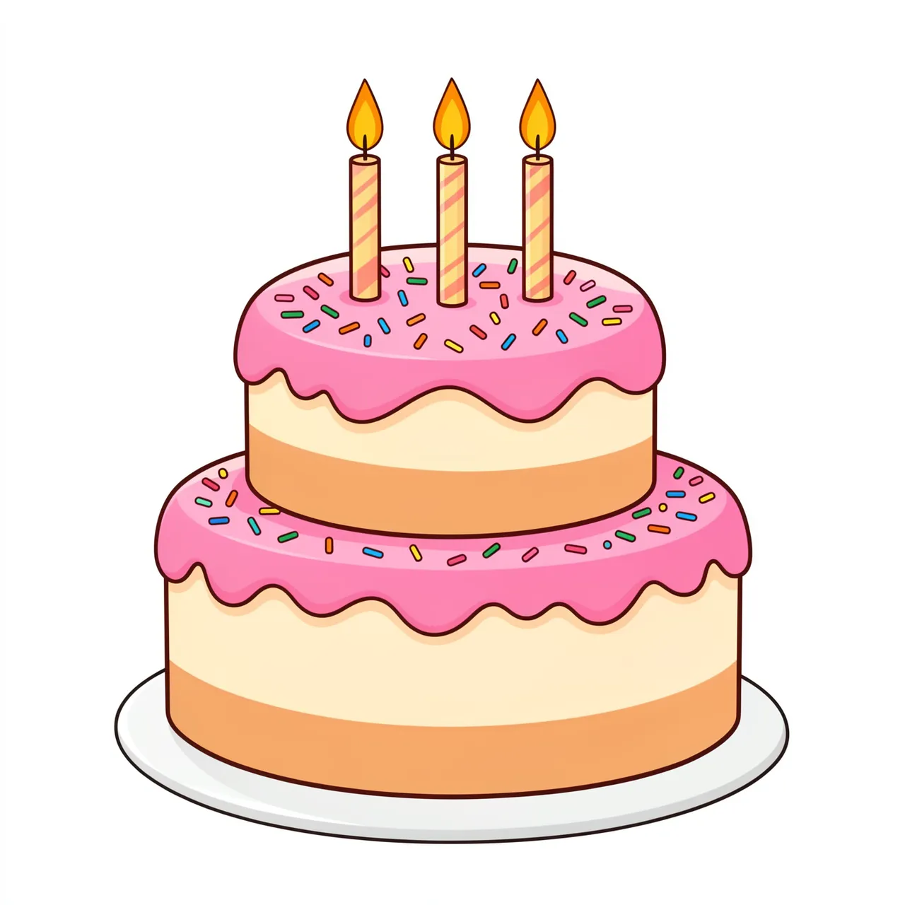 Flat clipart illustration of a two-tier pink frosted birthday cake with sprinkles and lit candles on a white plate.