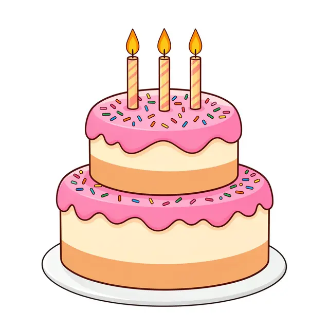 Flat clipart illustration of a two-tier pink frosted birthday cake with sprinkles and lit candles on a white plate.