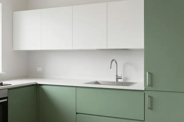 Minimalist two-tone kitchen with white upper and matte green lower cabinets, stainless steel sink and light countertop.