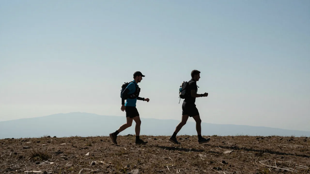Two adult trail runners travel side by side across a dry rocky high plateau under a hazy pale sky with distant mountains.