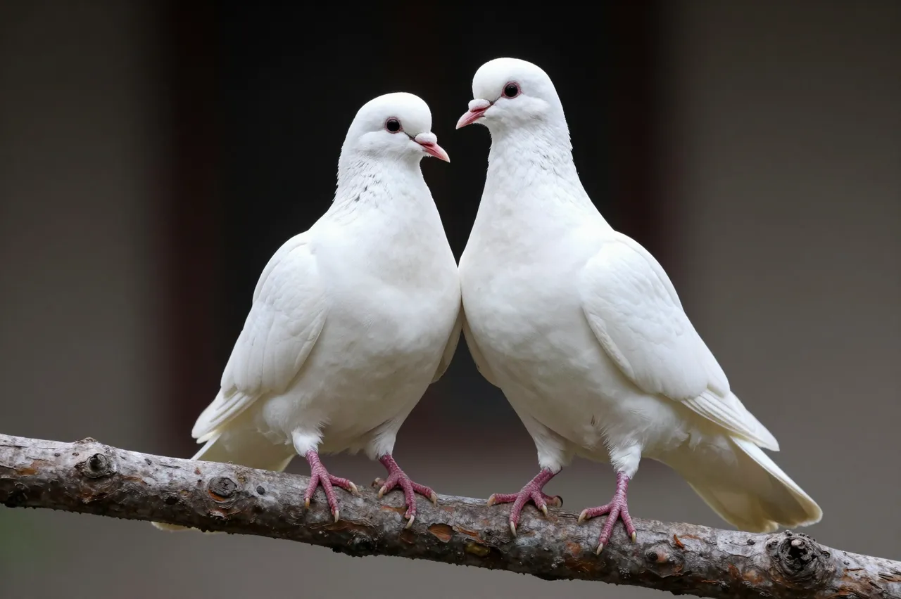 Two smooth white doves sit closely side by side on a rough textured tree branch