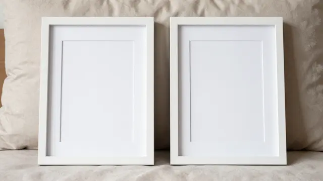 Two empty white picture frames stand side by side against neutral beige bedding.