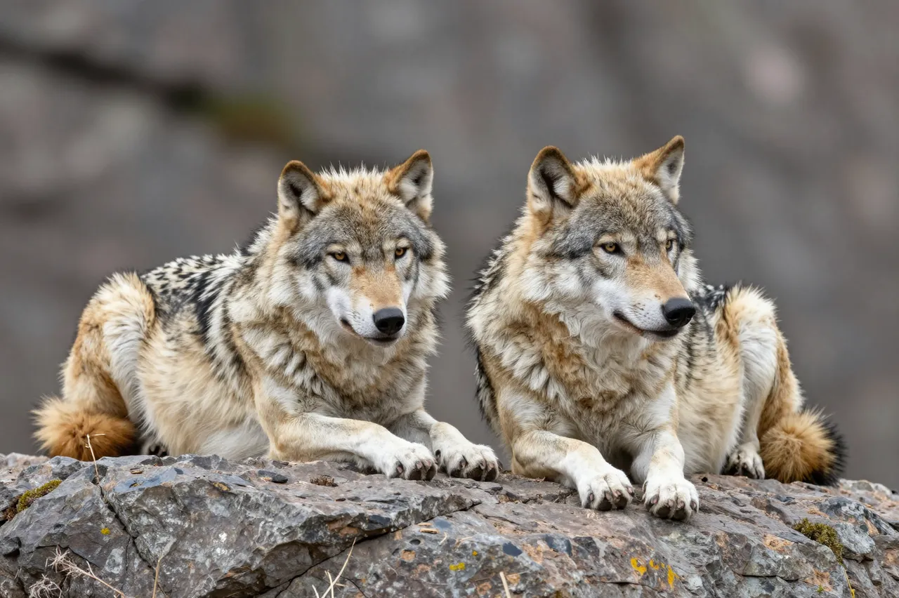 Two gray and brown wolves lie side by side on a rough rocky ledge against a blurred background