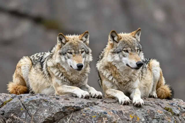 Two gray and brown wolves lie side by side on a rough rocky ledge against a blurred background
