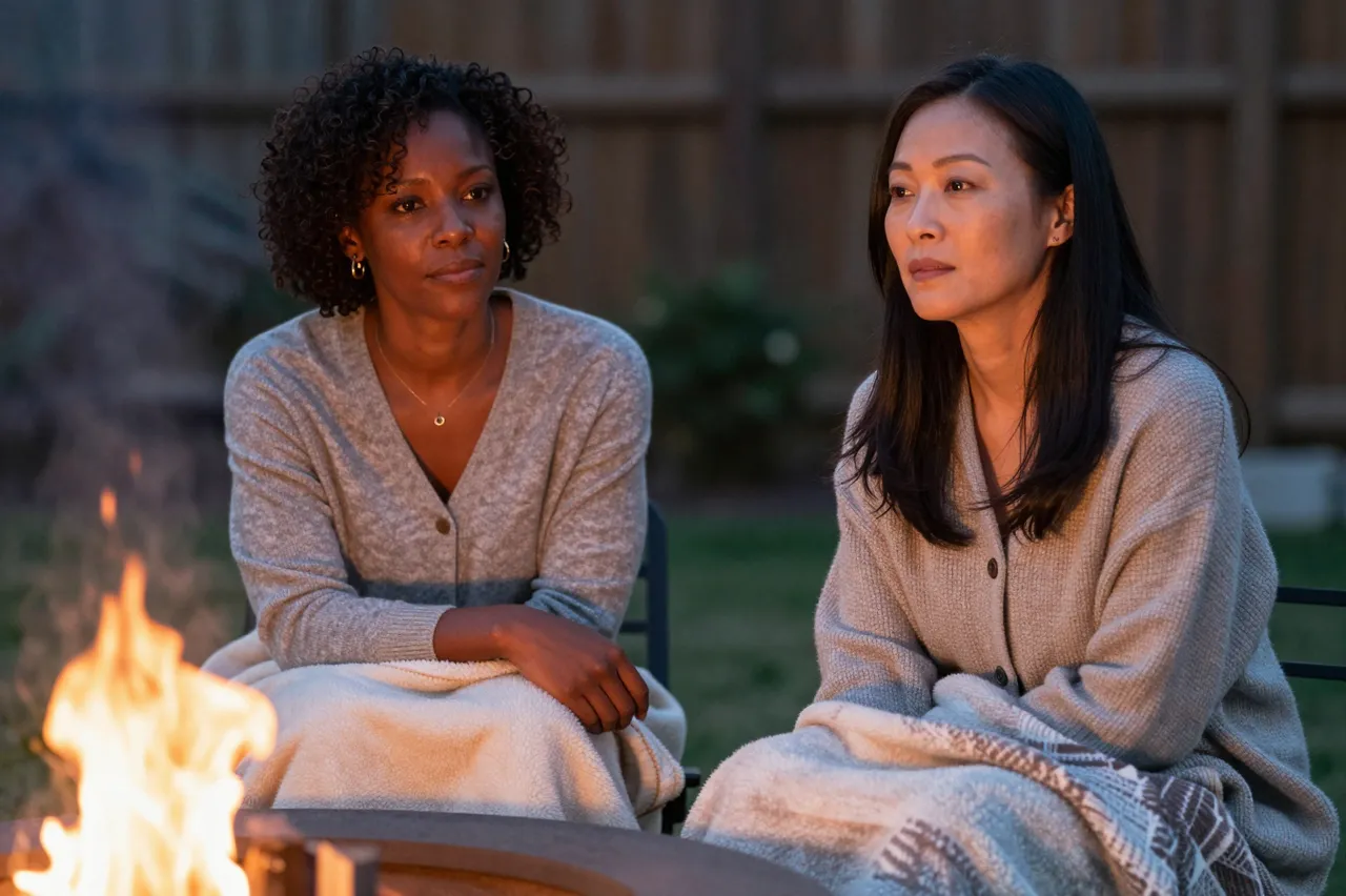 Two women sit covered with blankets by a glowing backyard fire pit at dusk