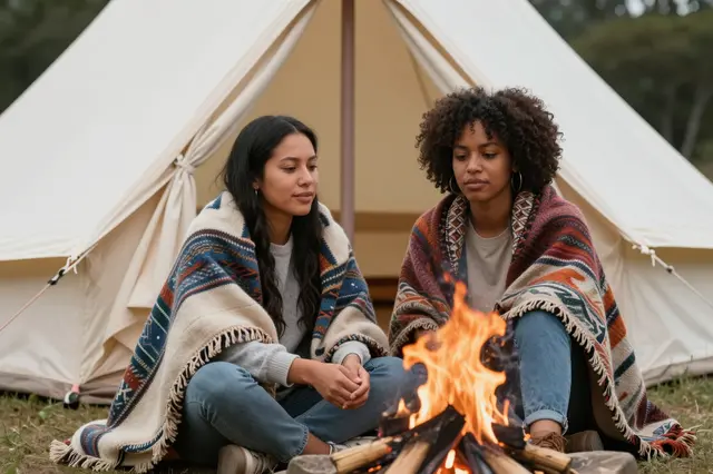 Two women wrapped in patterned blankets sit beside a campfire in front of a canvas bell tent