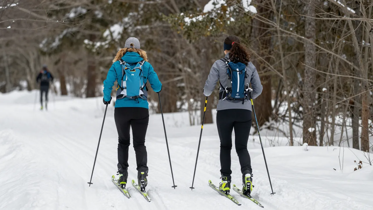 Two women viewed from behind cross-country ski along a snow-covered forest trail