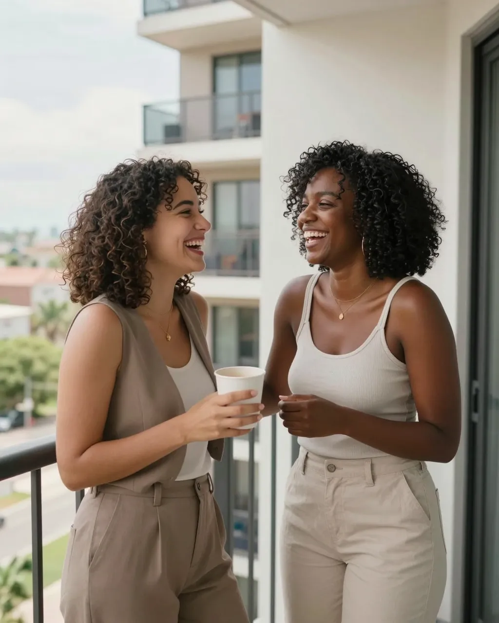 Two young adult women laugh together while standing on a sunny apartment balcony, one holding a disposable cup.