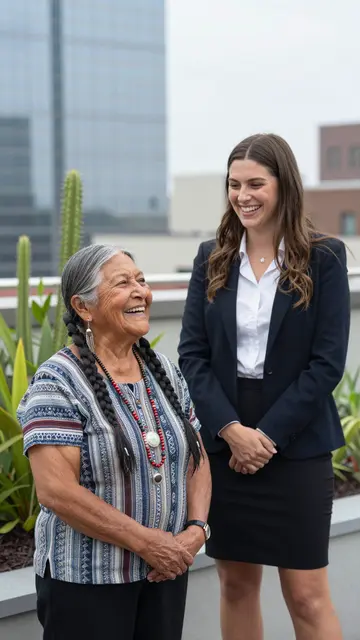 An older Indigenous woman and a younger businesswoman laugh together on a city office rooftop garden.