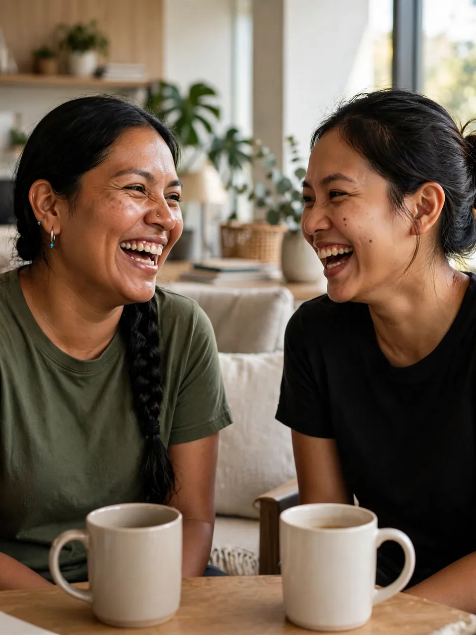Two women in their thirties laugh together across a wooden table holding plain white mugs in a sunlit office lounge.