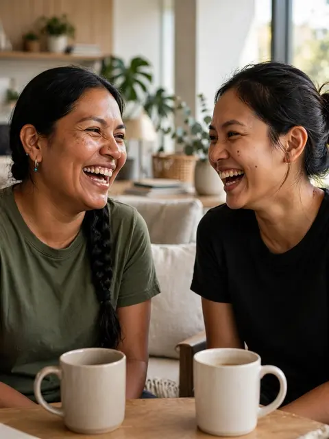 Two women in their thirties laugh together across a wooden table holding plain white mugs in a sunlit office lounge.