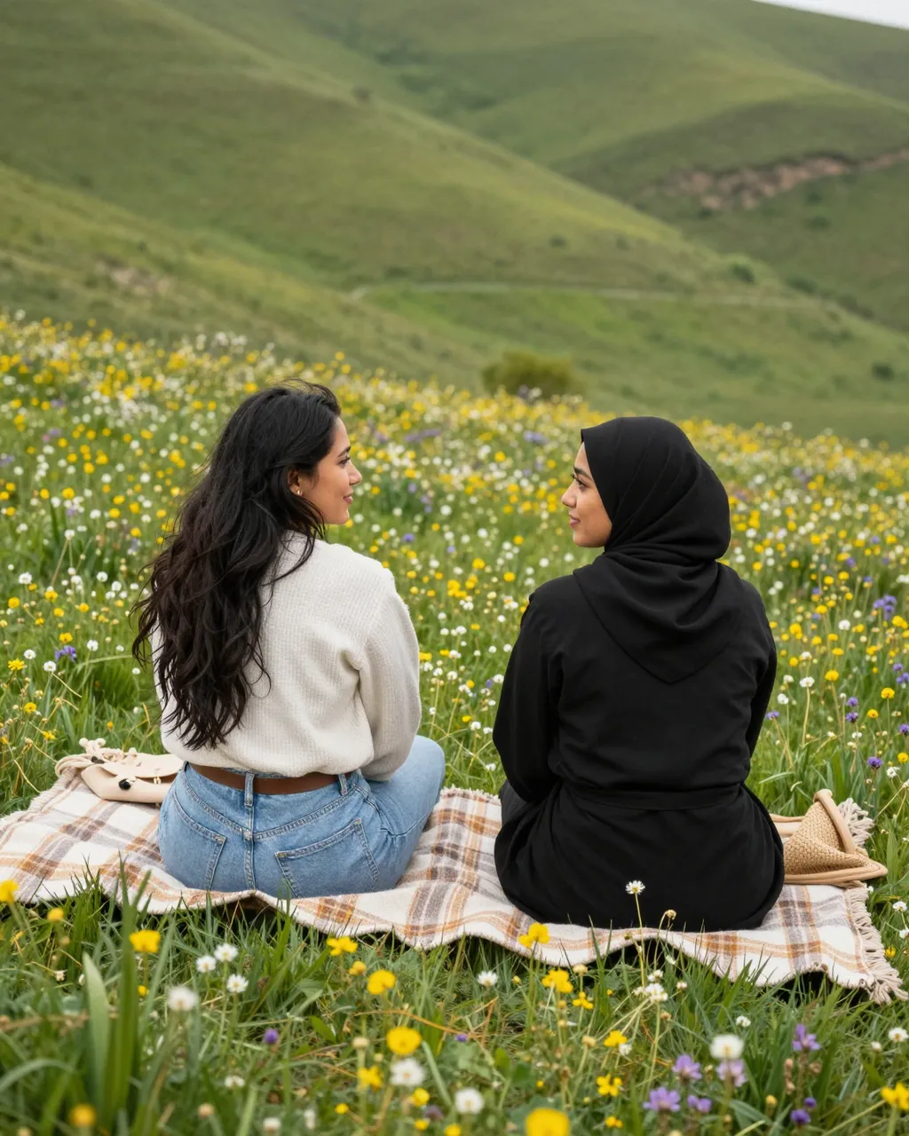 Two women sit on a plaid picnic blanket in a spring wildflower meadow, facing each other with rolling green hills behind
