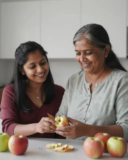 Two smiling South Asian women peel and prepare apples together at a kitchen counter.