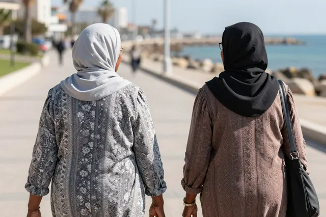 Two older women viewed from behind walk side by side along a paved seaside promenade on a sunny day.