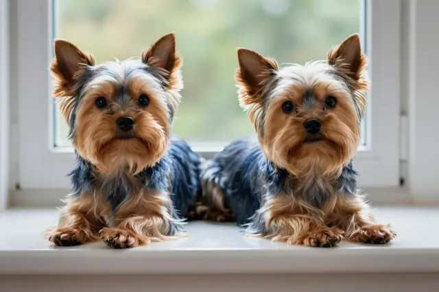 Two tan and steel-blue Yorkshire Terriers lie side by side on a bright sunlit window sill looking at the camera