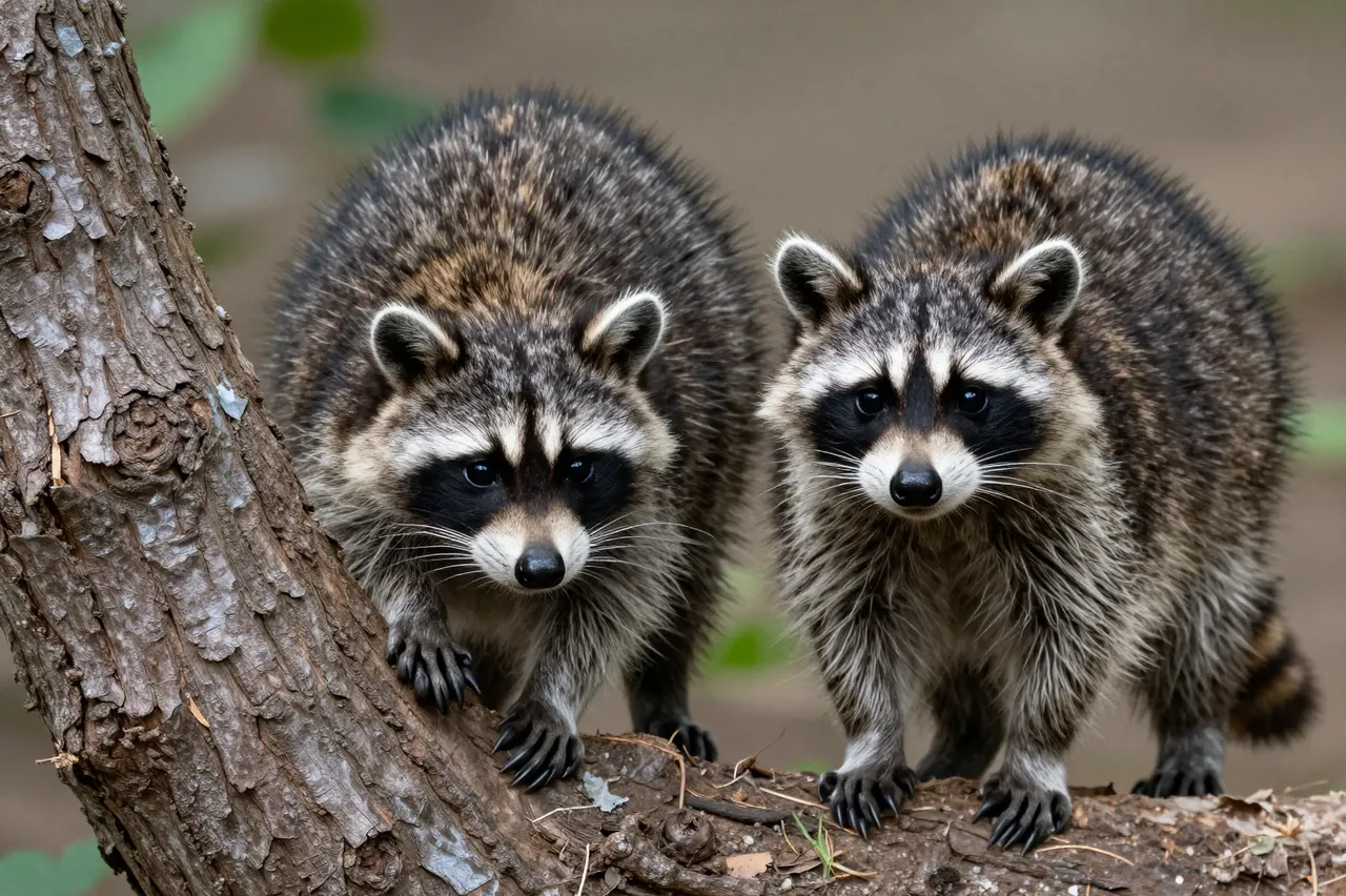 Two fluffy juvenile raccoons stand on a rough tree trunk looking toward the camera in a forest setting