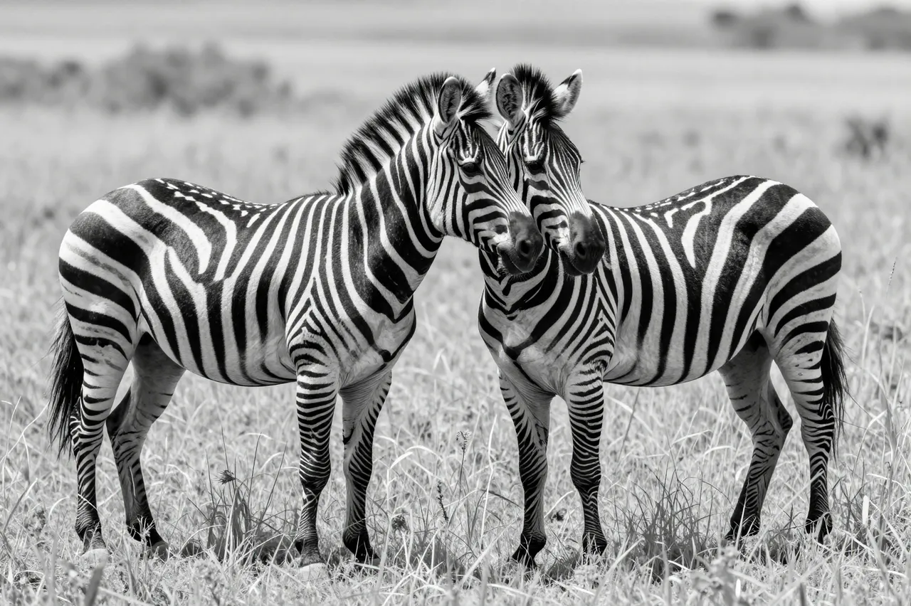 Black and white shot of two zebras standing near each other in tall savanna grass facing the viewer