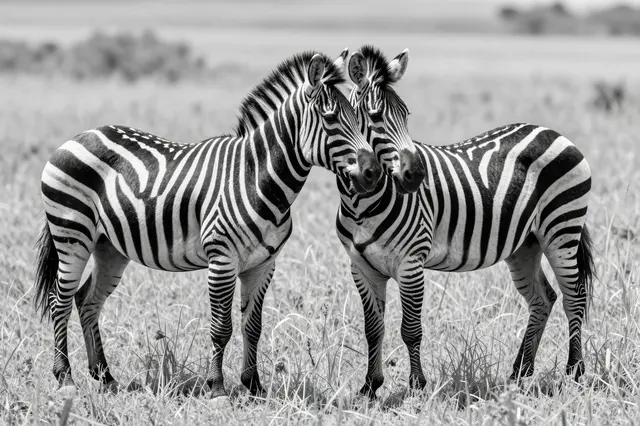 Black and white shot of two zebras standing near each other in tall savanna grass facing the viewer
