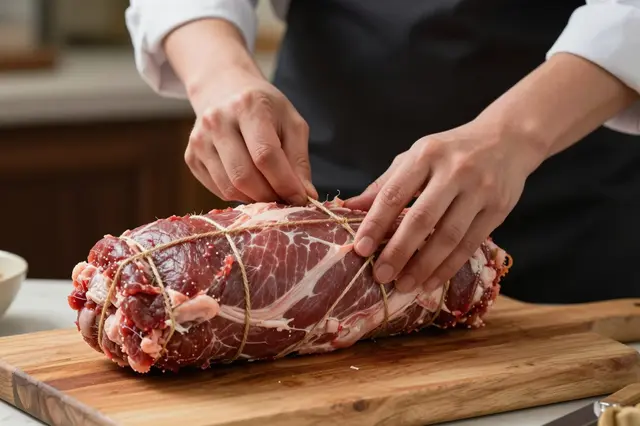 A butcher's hands tie twine around a raw rolled beef roast resting on a wooden cutting board
