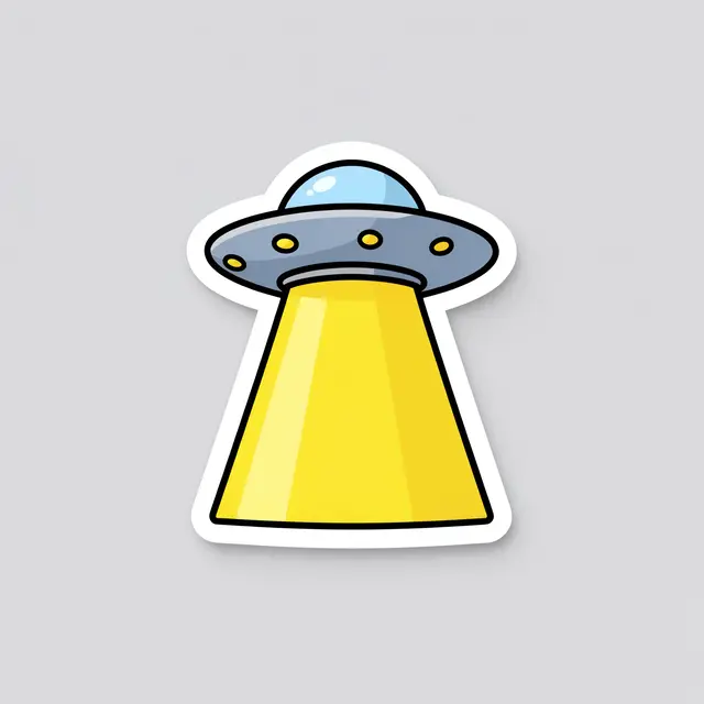 Die-cut sticker illustration of a flying saucer beaming yellow light on a light gray background