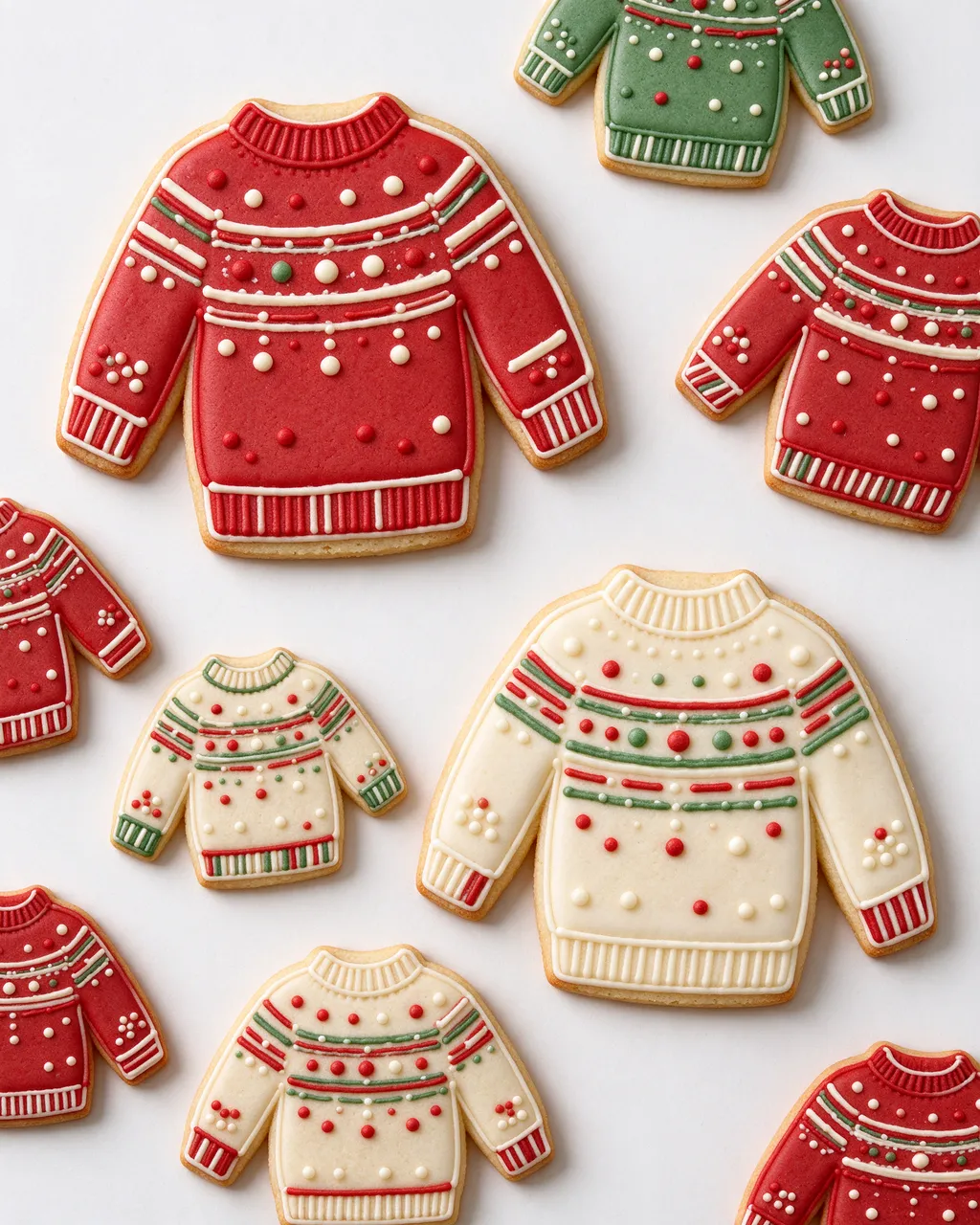 Overhead view of iced sweater-shaped Christmas sugar cookies arranged on a plain white surface