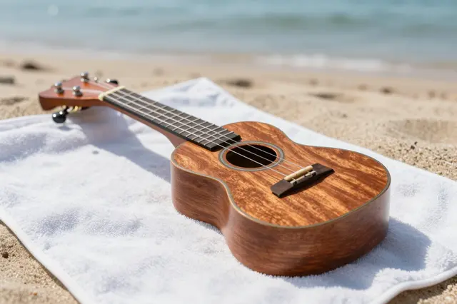 A wooden ukulele rests on a white beach towel atop sunlit sand with blurred sea in the background.