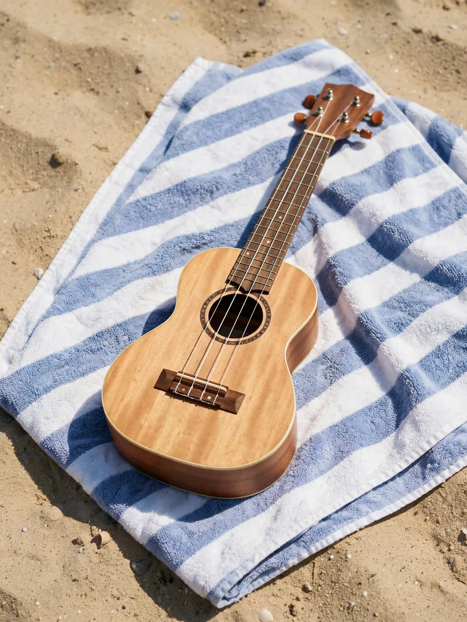 A wooden ukulele rests on a blue and white striped beach towel laid on sunlit sand.