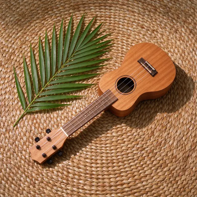 A wooden ukulele rests beside a green palm leaf on a round woven straw mat, viewed from overhead.
