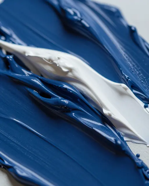 Macro close-up of thick ridged ultramarine blue and glossy white oil paint swirled into sharp crests