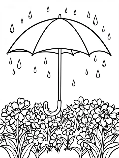 Bold black line art of an umbrella above a flower bed with falling raindrops on a white background
