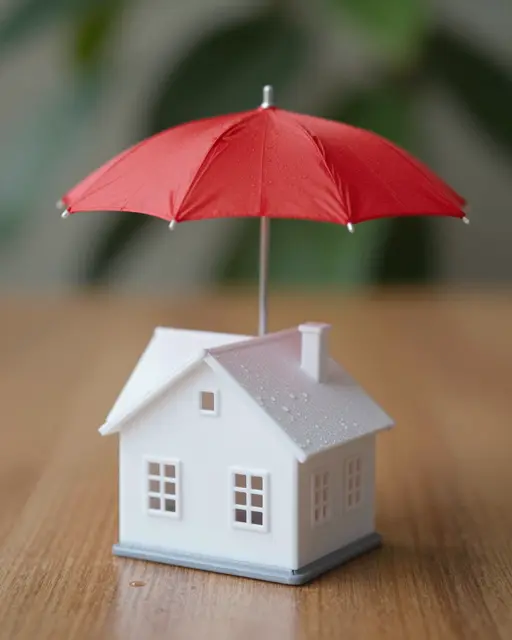 A small red umbrella shelters a white model house with raindrops resting on a wooden tabletop