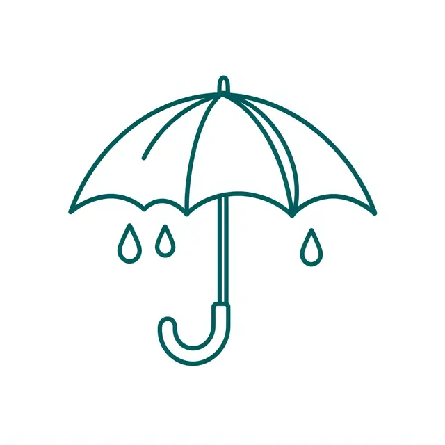 Thin teal outline line icon of an open umbrella with three raindrops on a plain white background