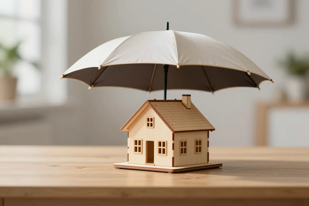 A small open umbrella shelters a wooden house model sitting on a light wooden table