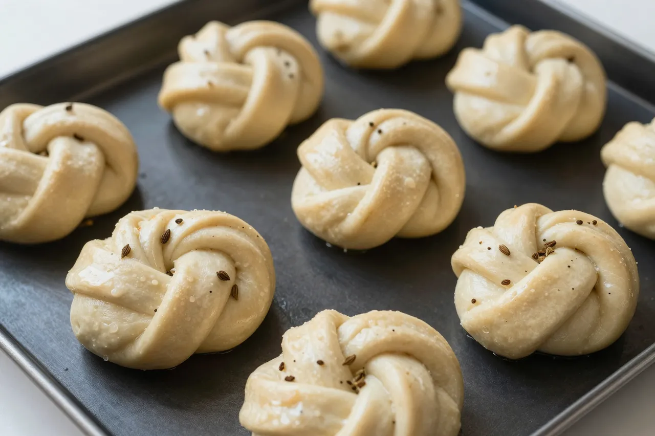 Twisted uncooked cardamom dough knots arranged neatly on a dark metal baking tray