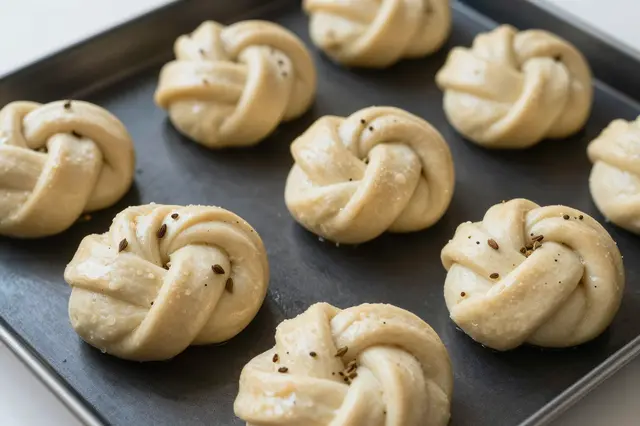 Twisted uncooked cardamom dough knots arranged neatly on a dark metal baking tray