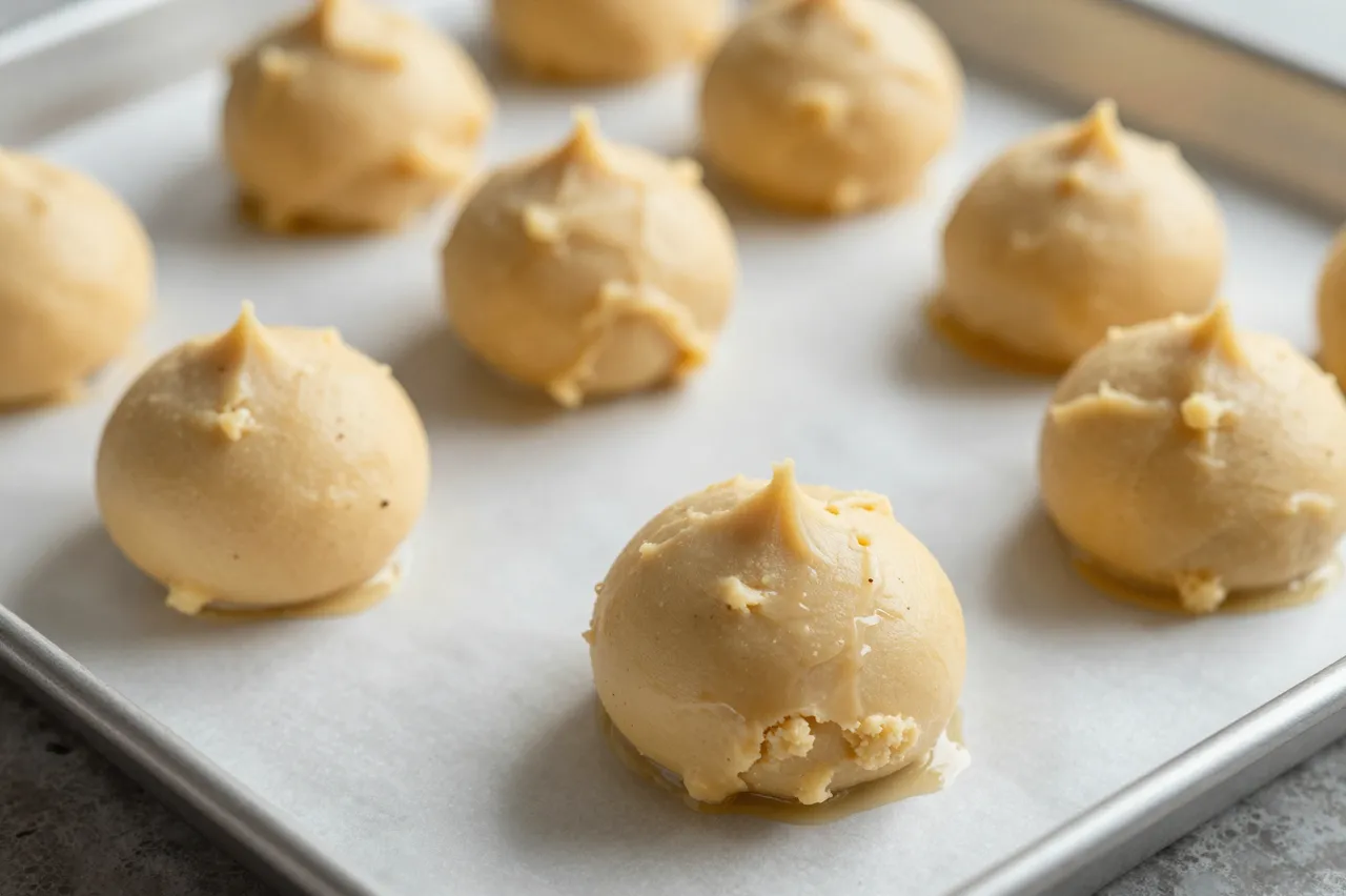Rows of raw cookie dough scoops arranged on a parchment lined metal baking sheet