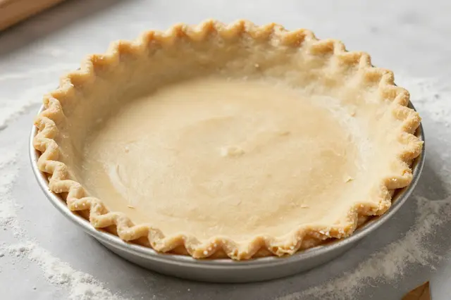 Unbaked crimped pie crust in a metal pan resting on a floured countertop
