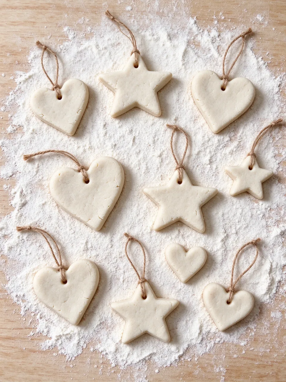 Overhead view of heart and star shaped salt dough ornaments with twine hangers resting on floured wooden board