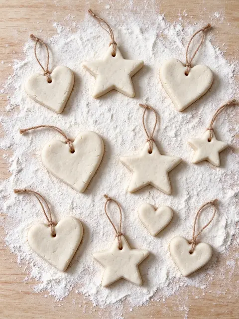 Overhead view of heart and star shaped salt dough ornaments with twine hangers resting on floured wooden board