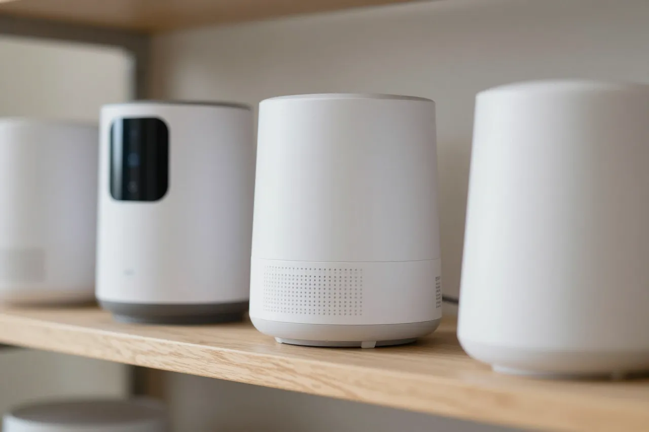Row of minimal white unbranded smart home devices arranged on a light wooden shelf.