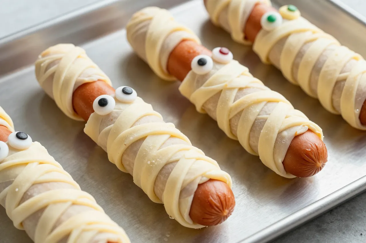 Raw pastry-wrapped mummy hot dogs with candy eyes arranged on a metal baking tray for Halloween preparation.