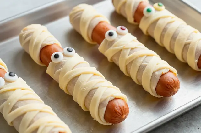 Raw pastry-wrapped mummy hot dogs with candy eyes arranged on a metal baking tray for Halloween preparation.