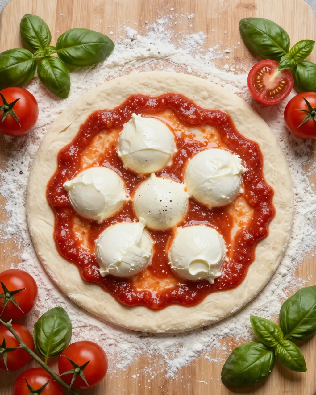 Raw pizza dough topped with tomato sauce, fresh mozzarella, basil and tomatoes rests on a floured wooden board