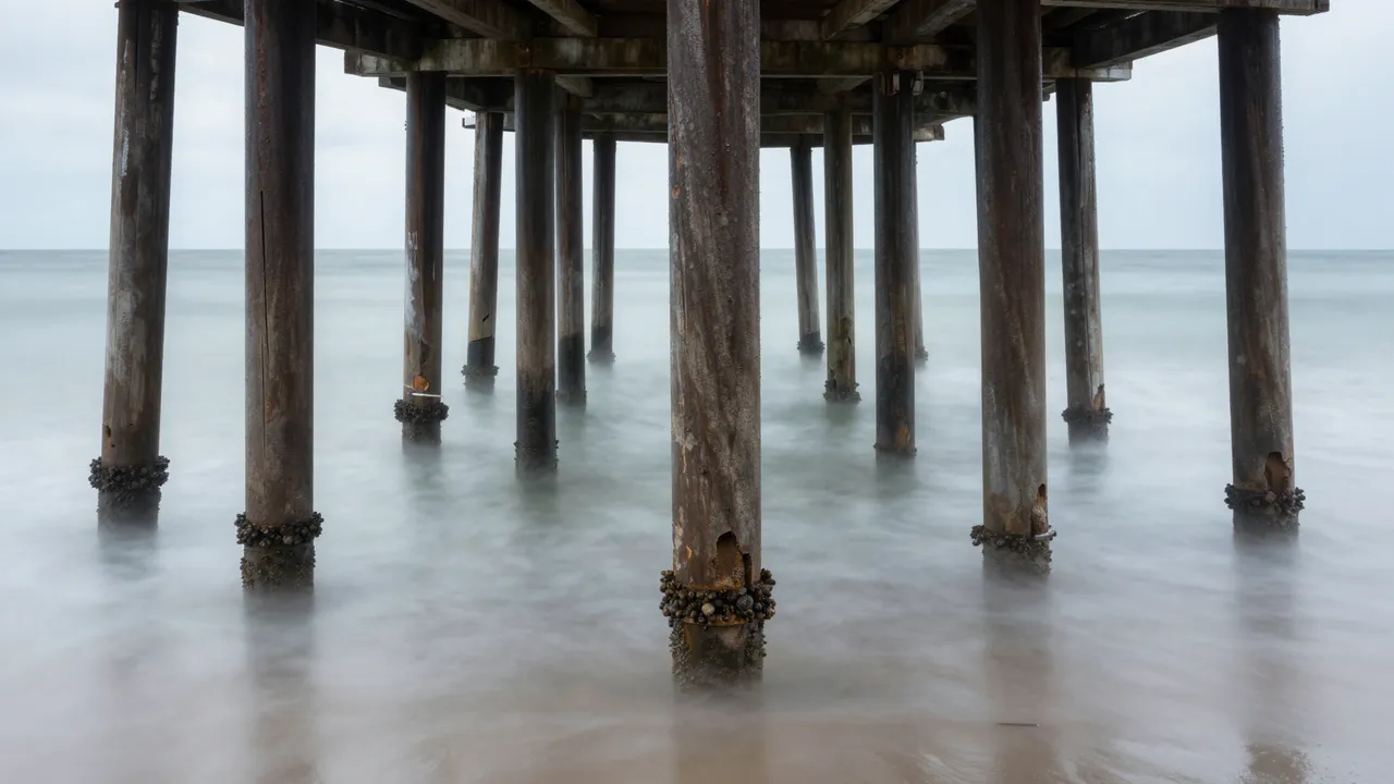 Weathered wooden pier pilings stand in smooth long-exposure misty ocean water