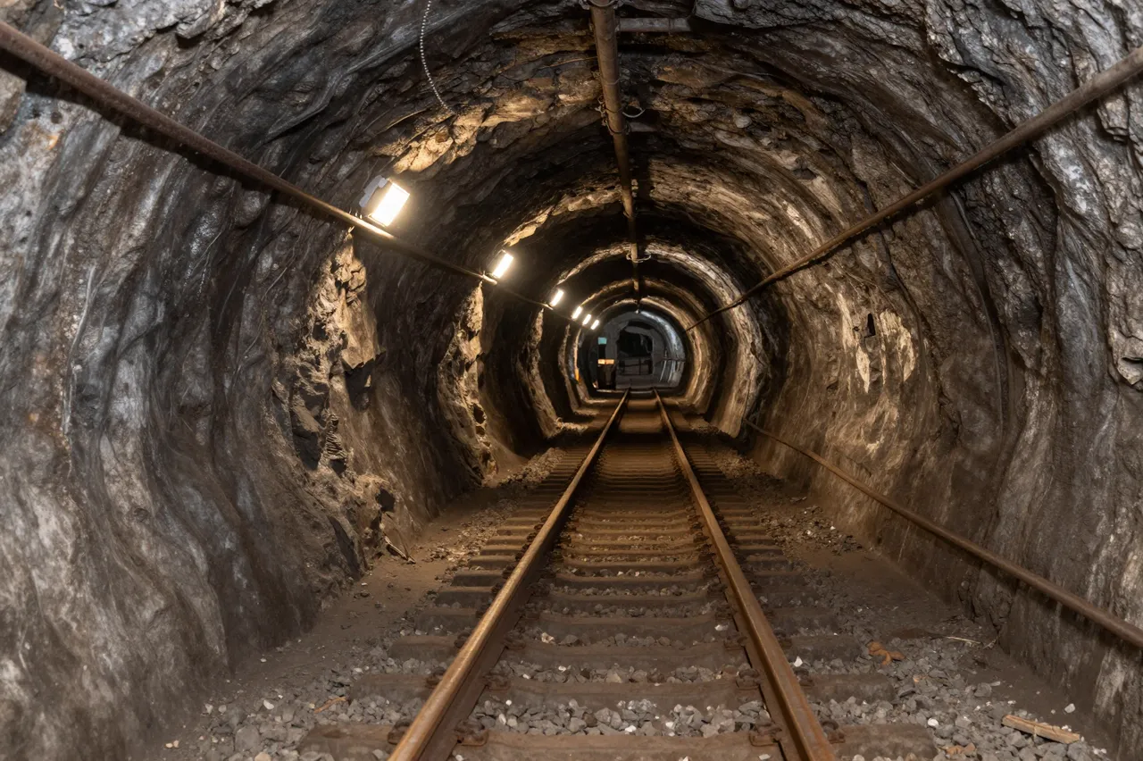 Warm lit underground mine tunnel extends into the distance above rusty railway tracks