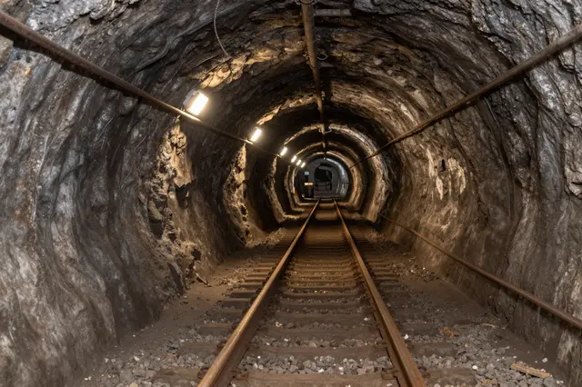 Warm lit underground mine tunnel extends into the distance above rusty railway tracks