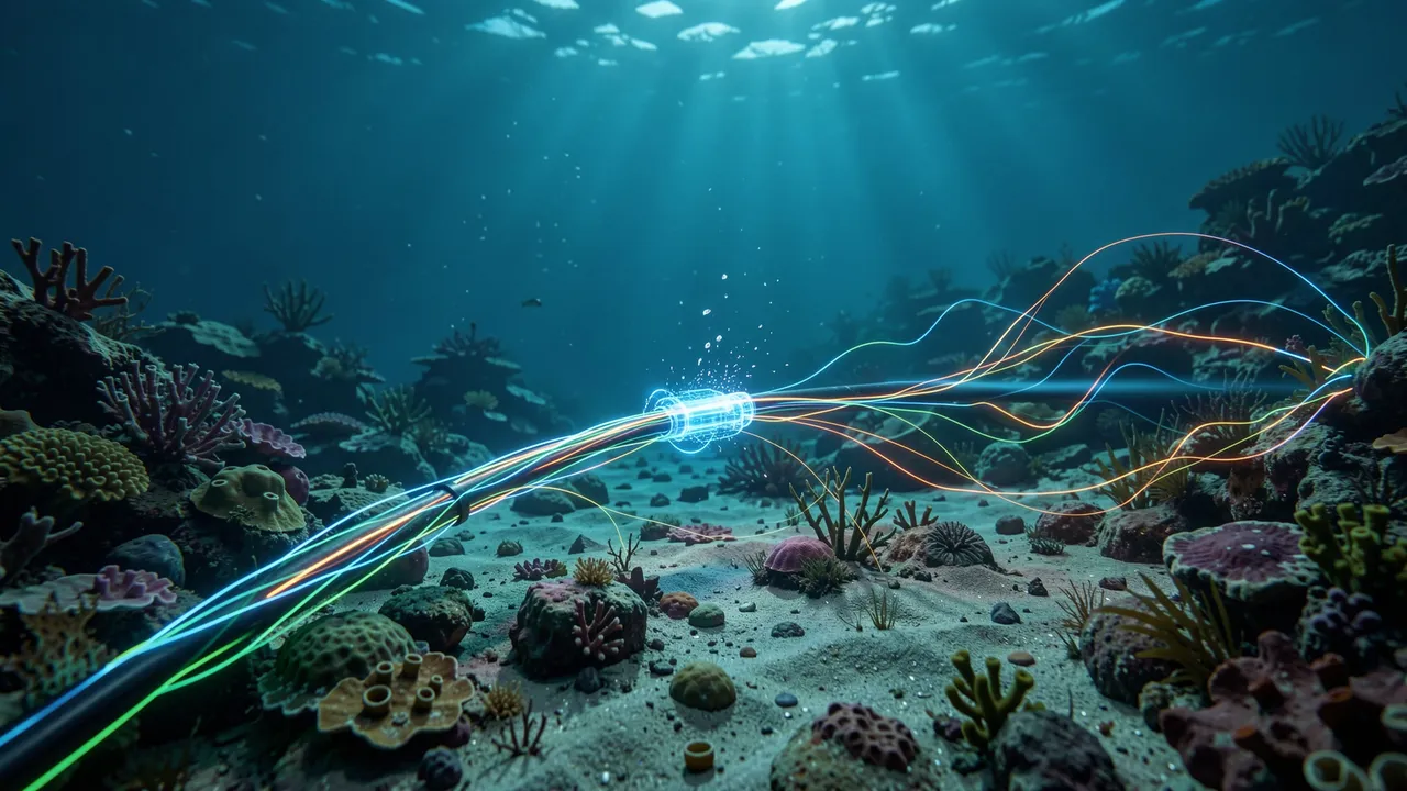 Glowing undersea fiber optic cable transmits light pulses across a sandy ocean floor with coral