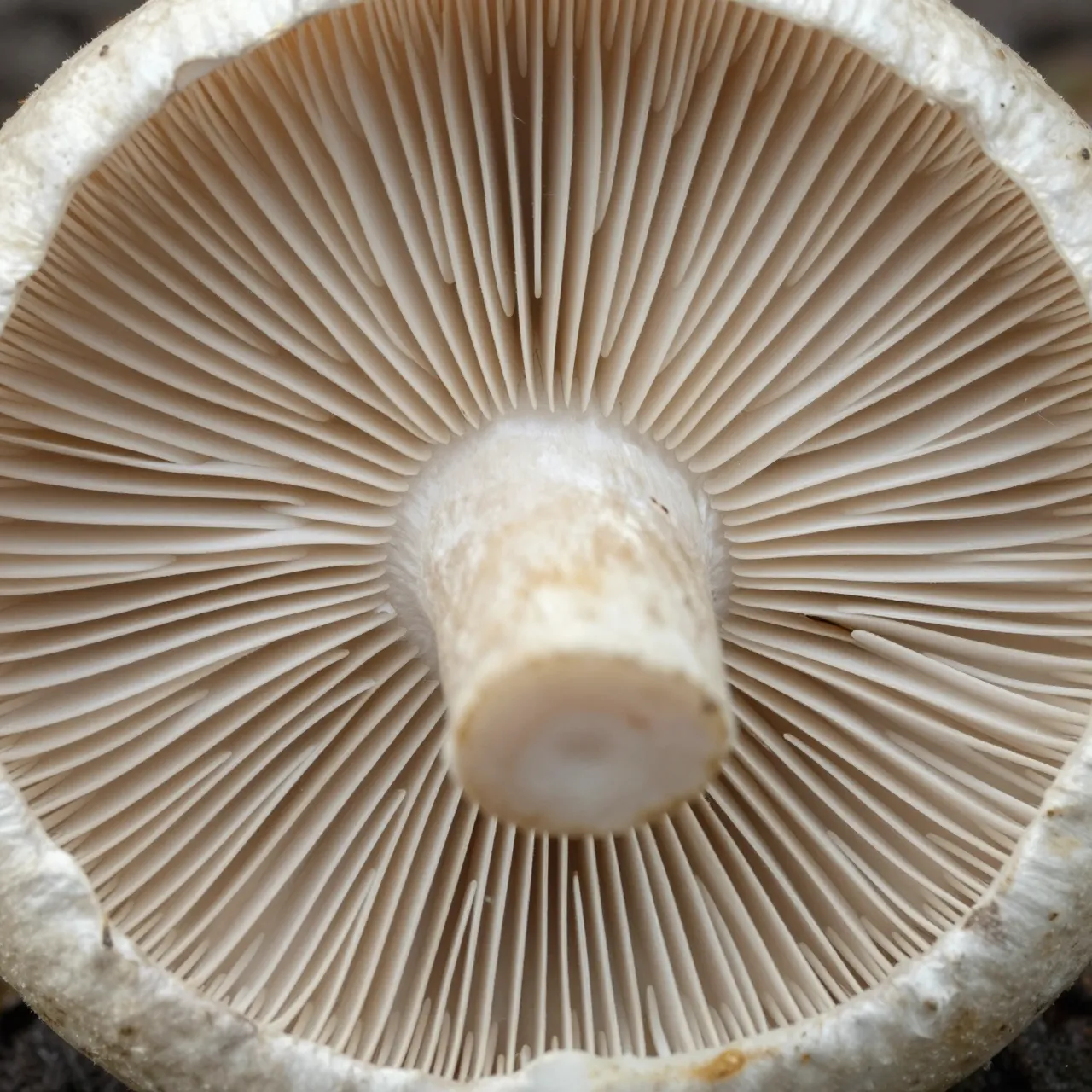 Close up macro view of the fine radial gills on the underside of a white mushroom cap