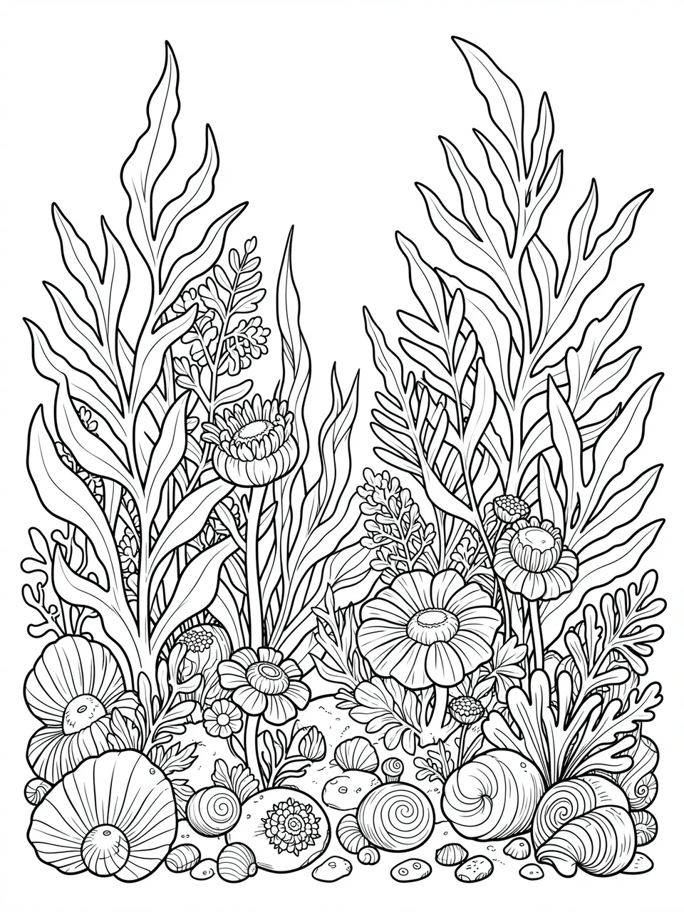 Intricate black and white line art of an underwater kelp, anemone and shell garden on a plain white background