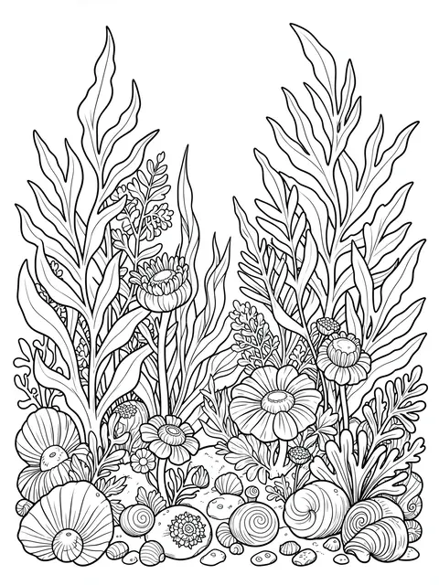 Intricate black and white line art of an underwater kelp, anemone and shell garden on a plain white background